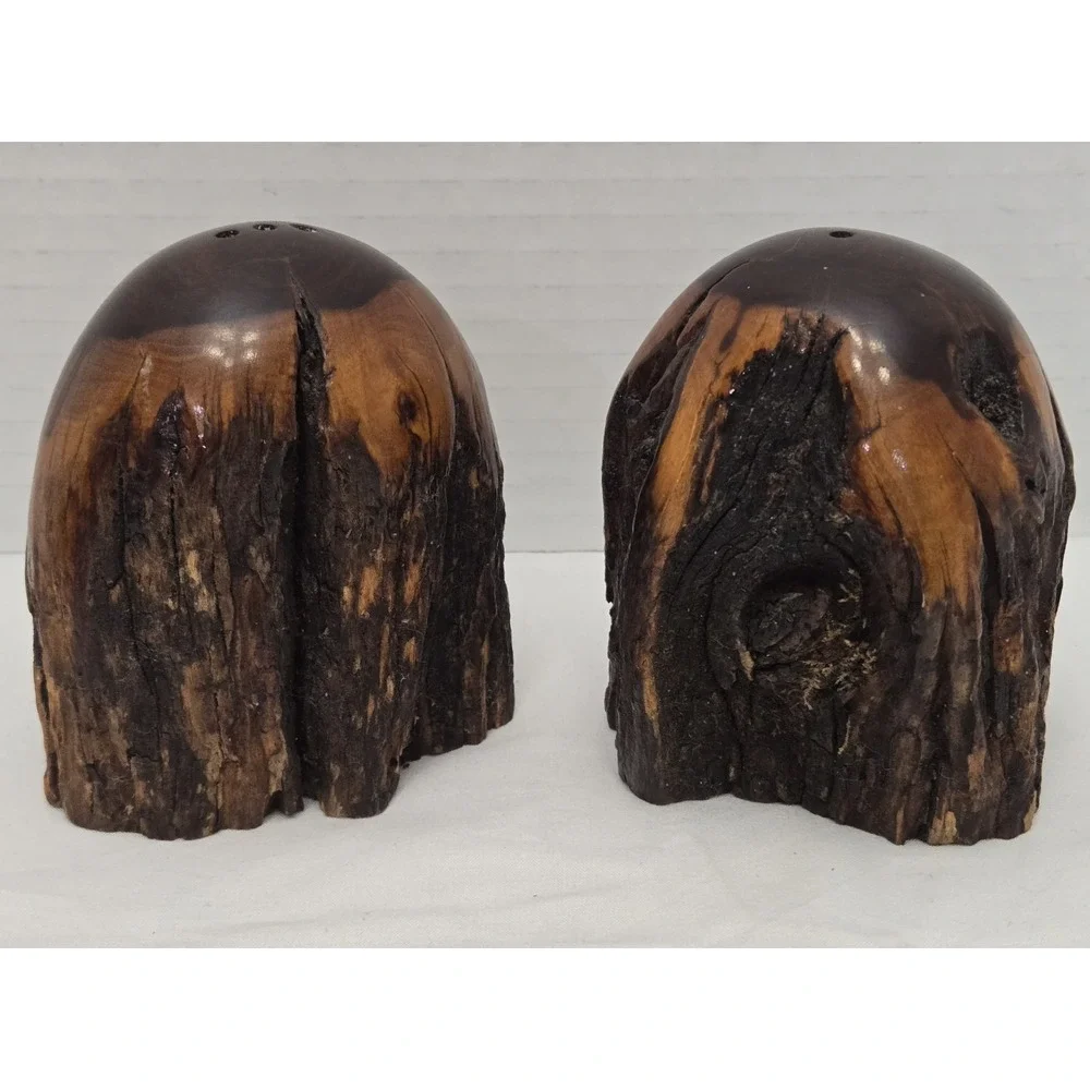Vtg Handcrafted MCM California Redwood Tree Bark Live-Edge Salt/Pepper Shakers